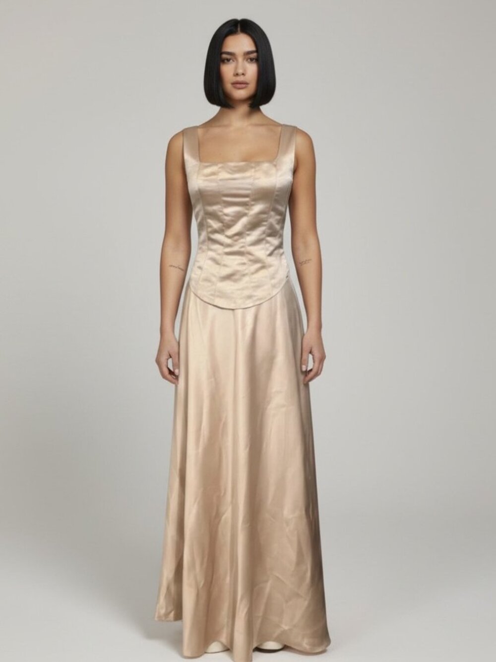 Vintage 90s Alyce Designs Corset Top Satin Maxi Skirt Set 6 Champagne Croc Y2K